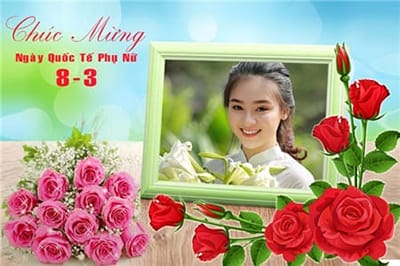 Ghép khung ảnh hoa Hồng trên nền xanh ngọc chúc mừng ngày 8/3