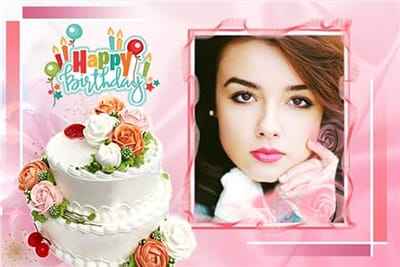 Chúc mừng sinh nhật với tông màu hồng trang trí hoa và bánh kem đẹp