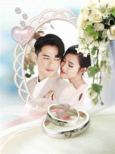 Ghép ảnh cưới với trái tim, bó hoa và nhẫn cưới