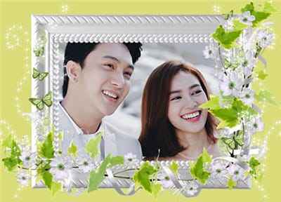 Ghép ảnh tình yêu đôi lứa với dây leo và nền xanh non đẹp