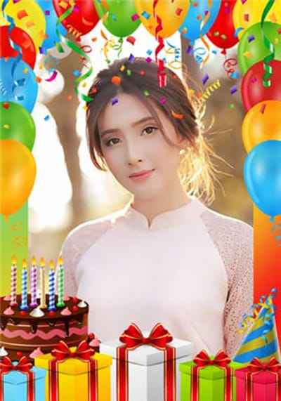 Ghép ảnh với khung hình bánh sinh nhật gói quà và bóng bay đẹp