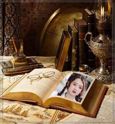 Ghép ảnh với quyển sách cổ và đồ dùng học tập