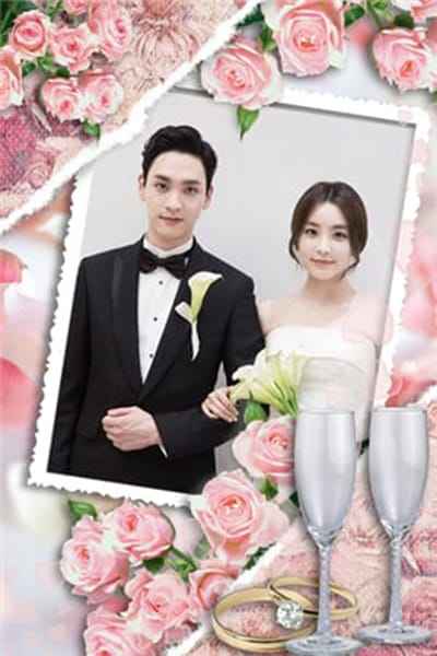 Ghép ảnh vào khung ảnh cưới nghệ thuật với hoa hồng và 2 chiếc ly tuyệt đẹp