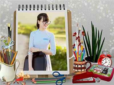 Ghép ảnh với quyển sổ và đồ dùng học tập đẹp mắt