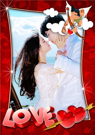 Tạo ảnh cưới với khung ảnh với biểu tượng tình yêu đôi lứa trên nền đỏ rực rỡ
