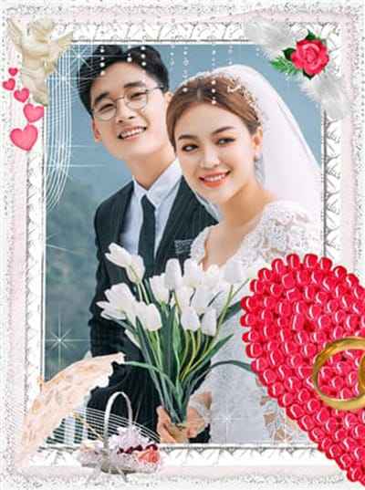Tạo ảnh cưới nghệ thuật với khung ảnh những bông hoa hồng tươi đẹp tạo thành hình trái tim