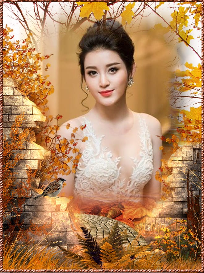 Khung ảnh trang trí lá đỏ trong khu rừng cổ tích