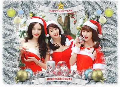 Ghép khung ảnh chúc mừng giáng sinh với những cành thông noel trong tuyết