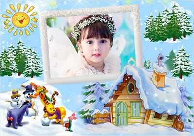 Khung ảnh giáng sinh an lành bên ngôi nhà tuyết và các con vật hoạt hình