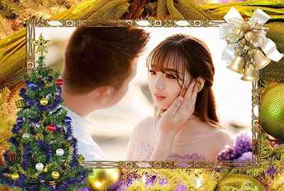 Ghép ảnh online với cây thông noel trên nền vàng lãng mạn