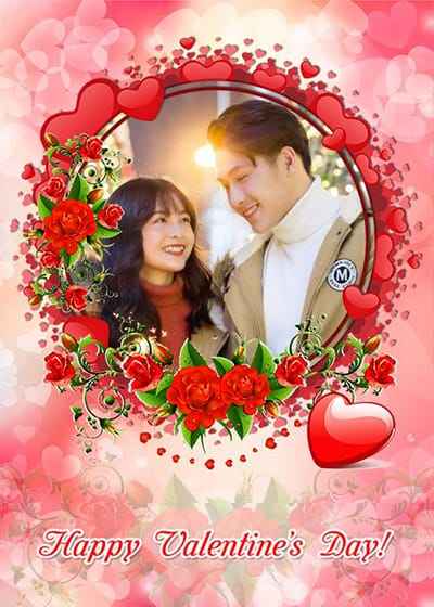 Khung ảnh hoa hồng và trái tim kỷ niệm ngày lễ tình nhân