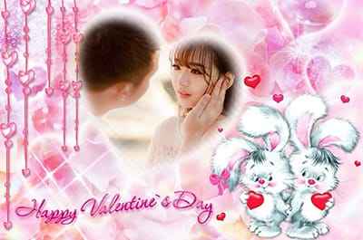 Khung ảnh kỷ niệm ngày lễ tình nhân 14 tháng 2 với hai chú thỏ đáng yêu