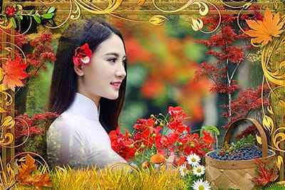 Khung ảnh nghệ thuật trang trí bằng rừng cây lá đỏ kết hợp sắc vàng đẹp mắt