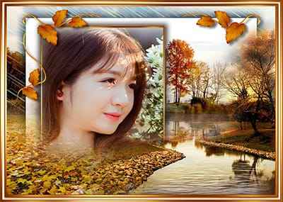 Ghép khung ảnh mùa thu lá đỏ và dòng sông thơ mộng