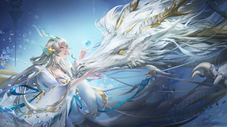 Xem hình ảnh anime nữ xinh đẹp vuốt ve chú rồng thiêng