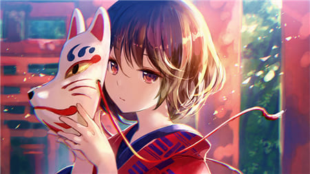 Hình ảnh anime nữ cầm trên tay chiếc mặt nạ hóa trang