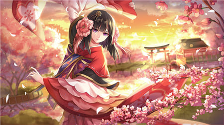 Hình ảnh anime nữ xinh đẹp bên hoa anh đào cùng với sắc màu đỏ rực rỡ