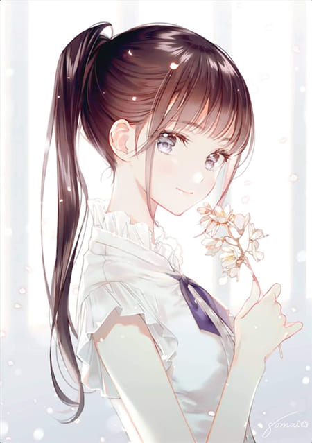 Hình ảnh anime nữ xinh đẹp với nhành hoa trên tay