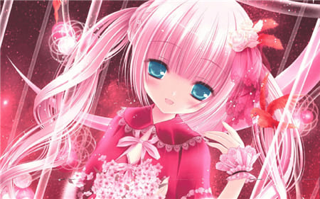 Hình ảnh anime nữ xinh đẹp với bộ trang phục màu hồng và đôi mắt xanh