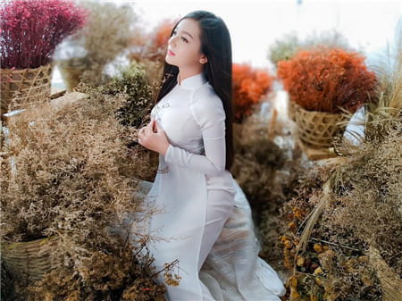 Hình ảnh cô gái với tà áo dài ngồi tạo dáng bên hoa và cỏ dại tuyết đẹp