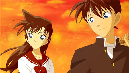 Hình ảnh anime cặp đôi ăn mặc đẹp đi giữa bầu trời đỏ rực
