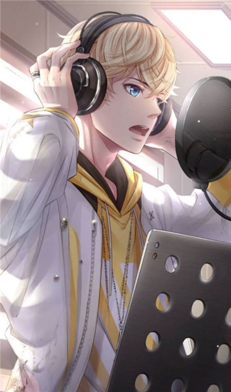 Hình ảnh anime nam đeo bộ tai nghe trong phòng thu âm