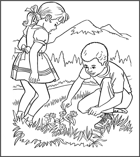 Tranh tô màu các bé trồng cây sân trường