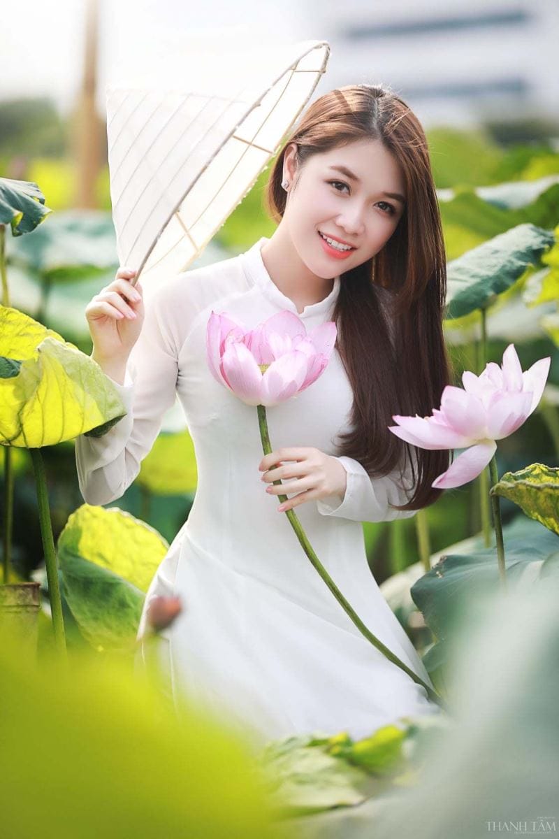 Xem hình ảnh đẹp cô thiếu nữ áo dài với chiếc nón lá tre đầu bên đầm sen