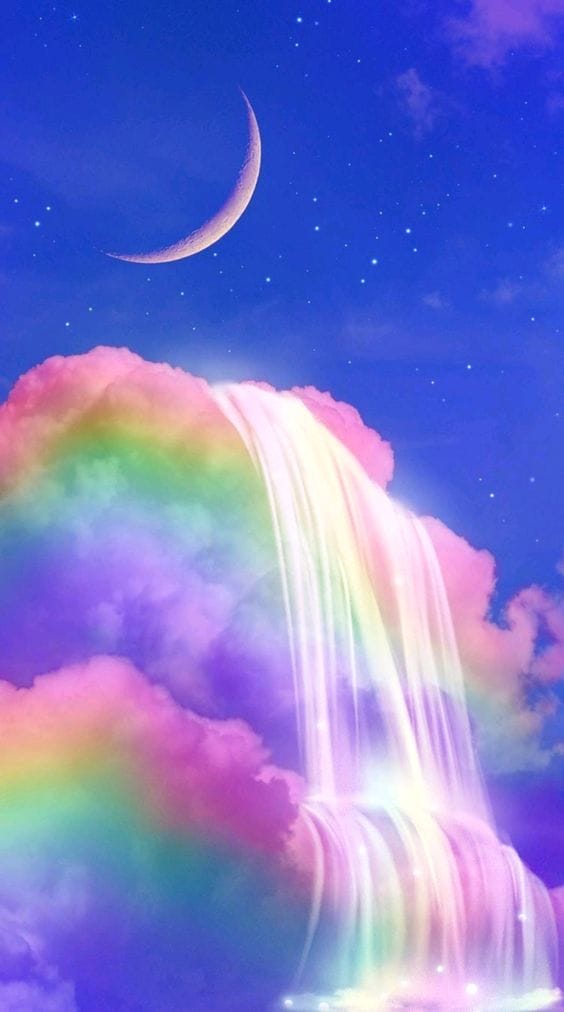 Hình nền điện thoại với phong cảnh đẹp như mơ giữa ảnh trăng, mây và thác nược