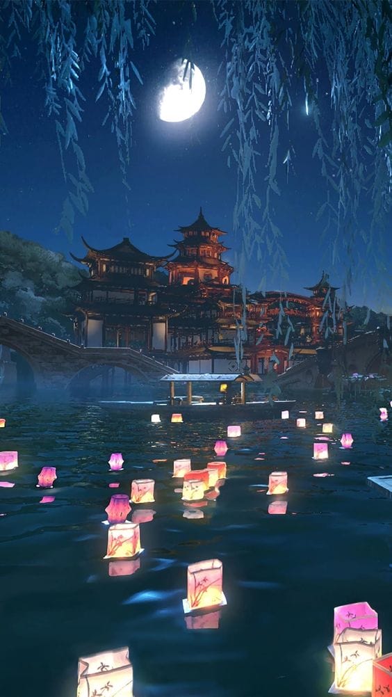 Hình nền điện thoại tuyệt đẹp với khung cảnh đèn hoa đăng và ánh trăng
