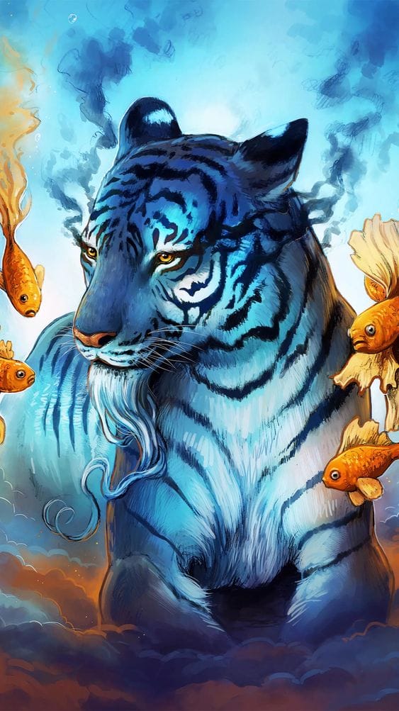 Hình nền điện thoại 3d tuyệt đẹp về chú hổ và những con cá vàng