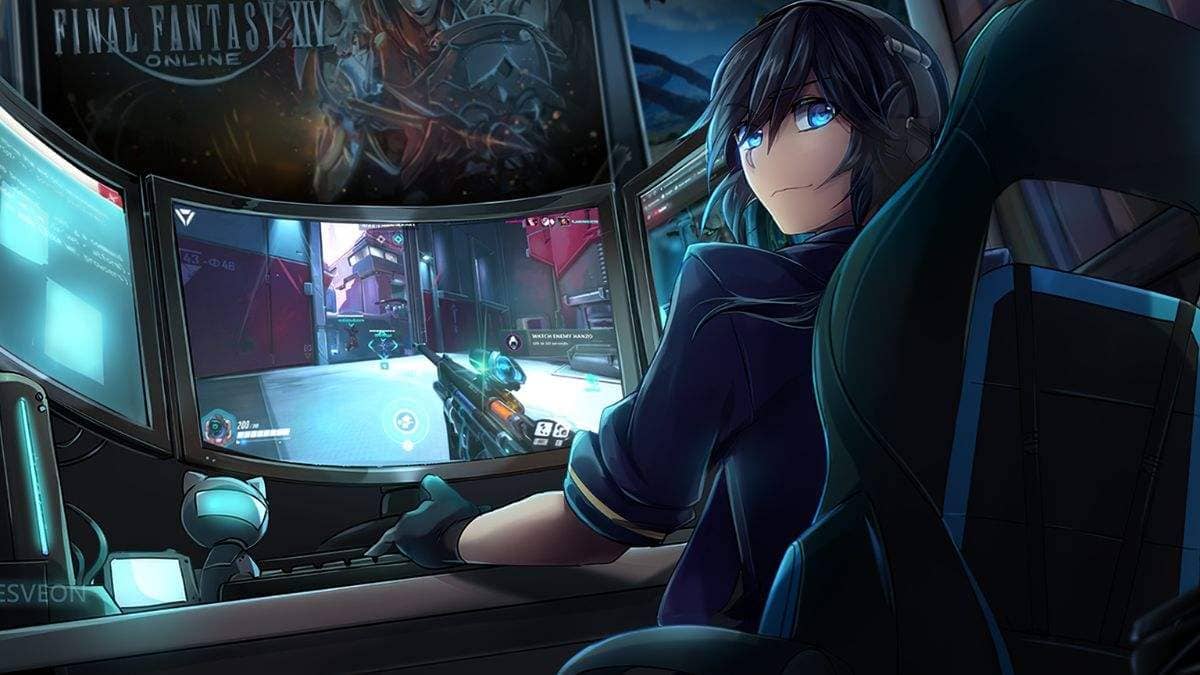 Hình nền máy tính anime nam đang ngồi chơi game