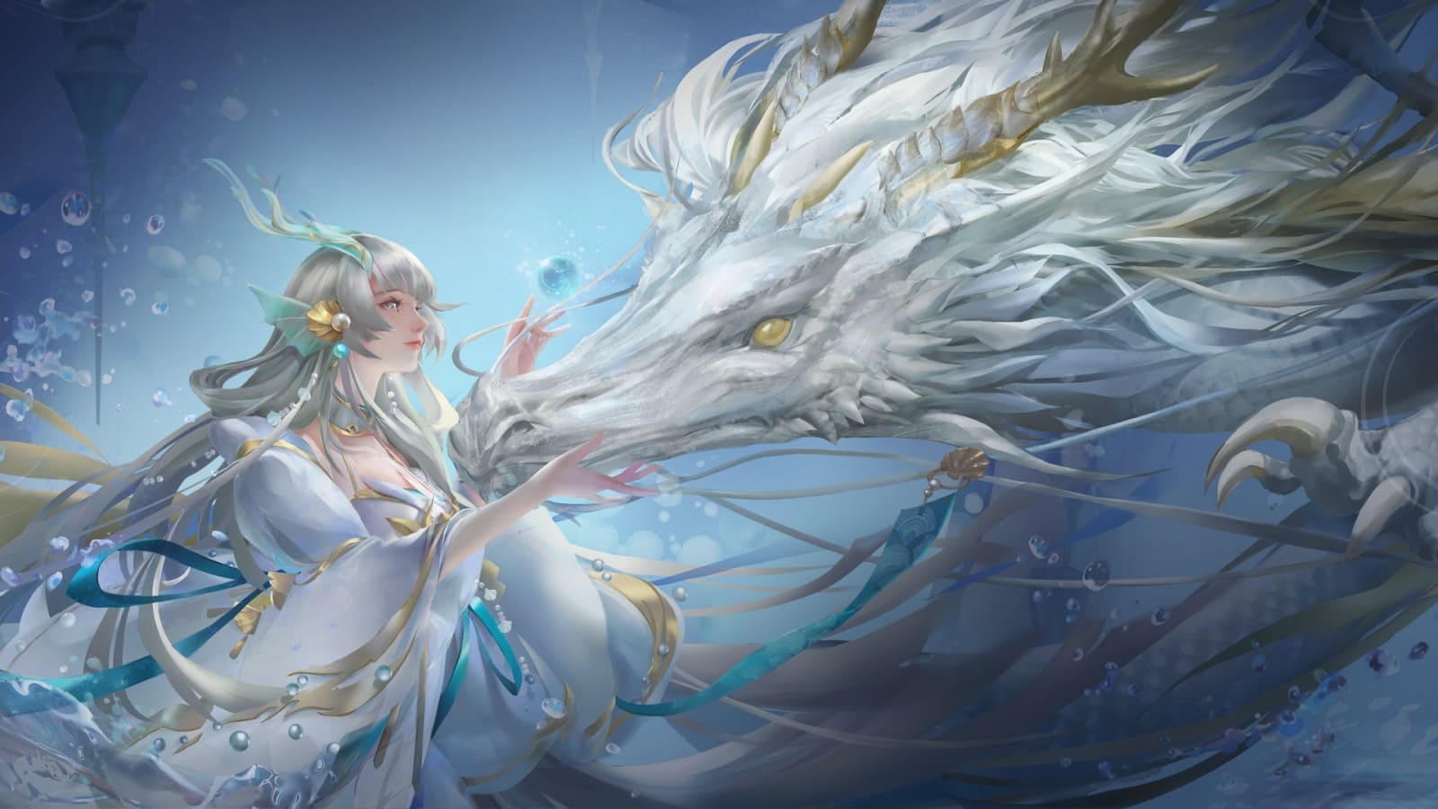 Hình nền máy tính anime cô gái và con rồng trắng trong truyền thuyết