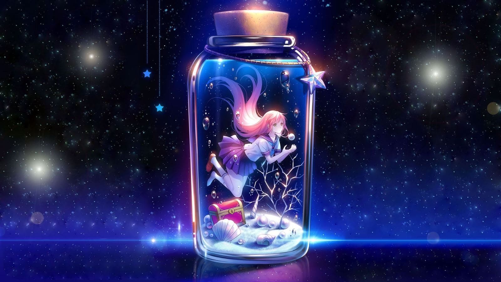 Hình nền máy tính anime cô gái trong chiếc trai thủy tinh cực đẹp