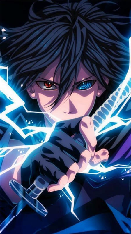 Hình nền điện thoại anime nam với đôi mắt âm dương và thanh kiếm phát quang