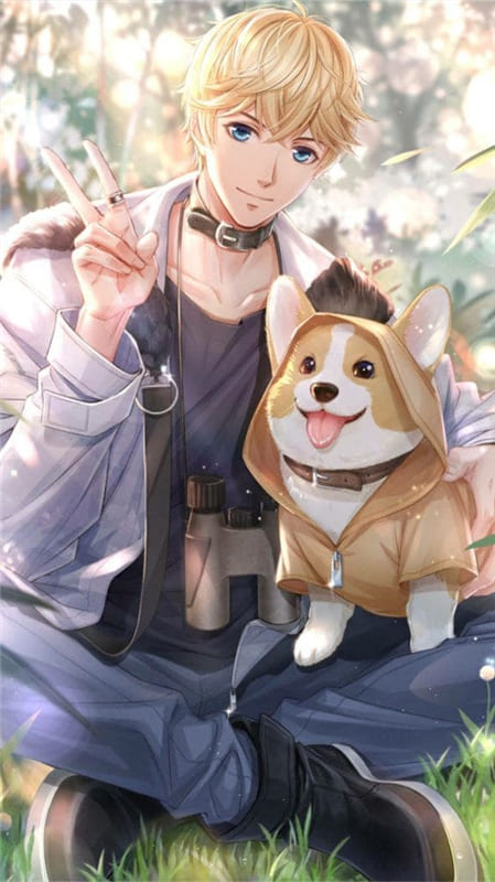 Hình nền điện thoại anime nam với mái tóc vàng chụp ảnh cùng chú cún dễ thương