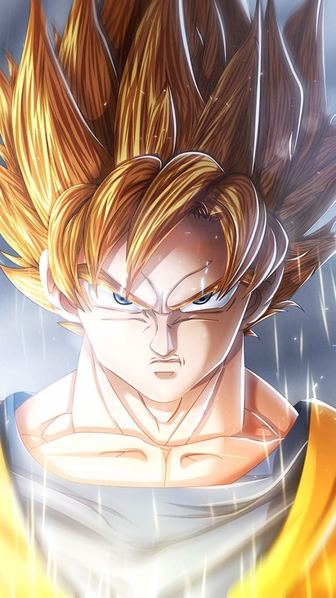 Hình nền điện thoại anime nam songoku đang thể hiện sức mạnh với gương mặt cực ngầu