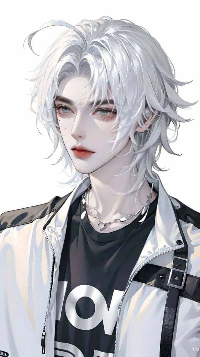 Hình nền điện thoại anime nam thần với mái tóc bạch kim và đôi mắt xanh