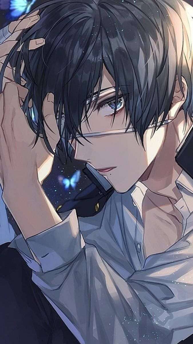 Hình nền điện thoại anime nam đang ngồi suy tư với cặp kính trong xuất cực đẹp