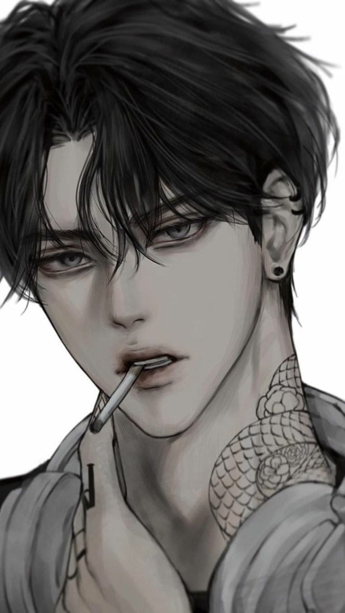 Hình nền điện thoại nam anime miệng ngậm điếu thuốc và những hình xăm trên cổ cực chất