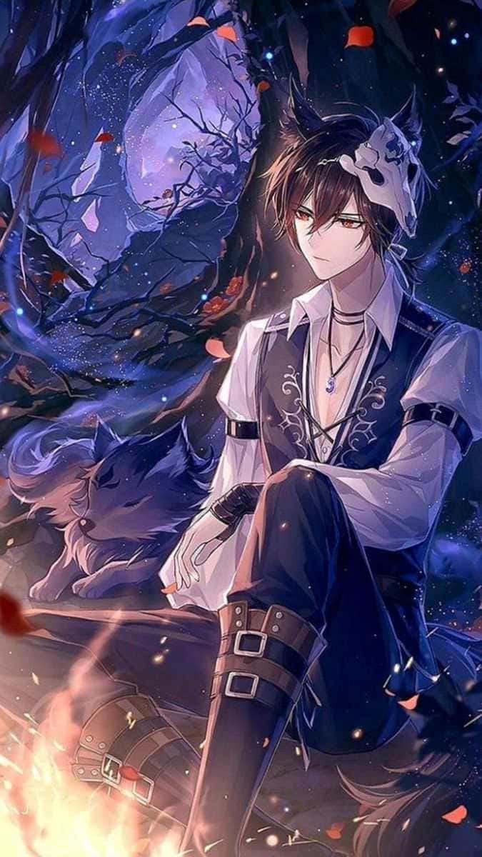 Hình nền điện thoại anime nam thần cùng chiếc mặt nạ đội đầu và linh thú