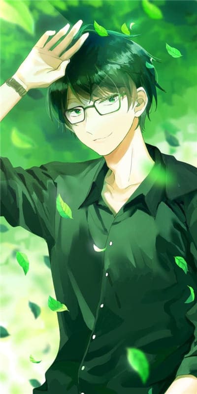 Hình nền điện thoại anime nam đẹp trai mang cặp kính đang hòa mình vào những chiếc lá màu xanh