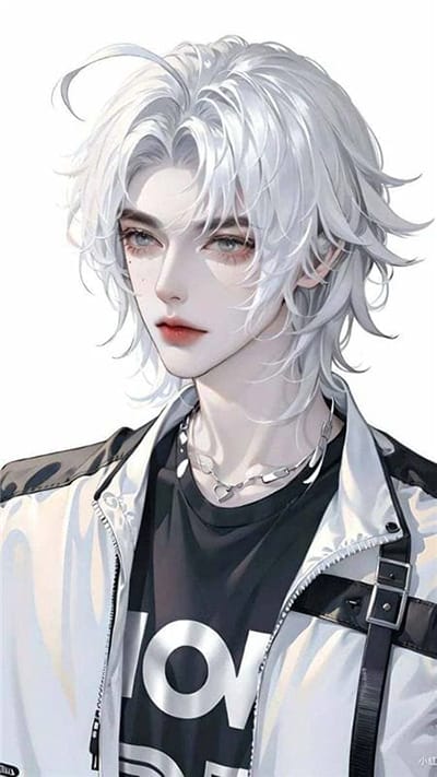 Hình ảnh anime nam thần với mái tóc bạch kim và đôi mắt xanh