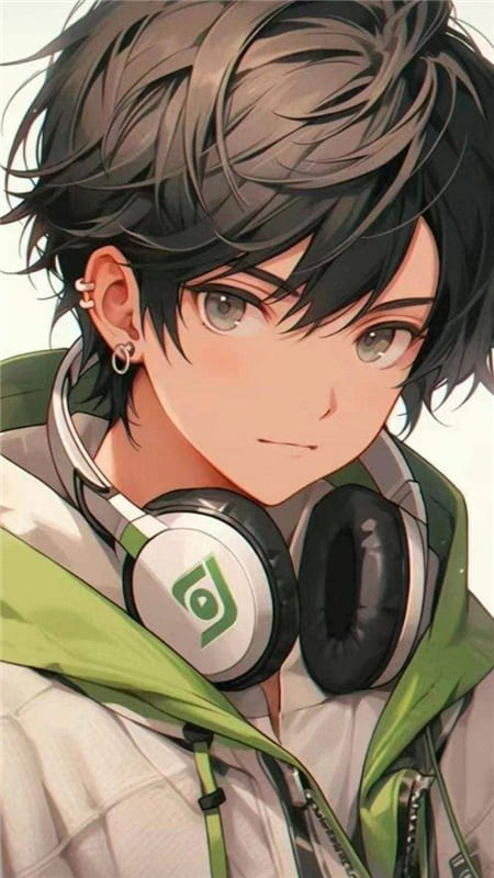 Hình nền điện thoại nam anime đẹp trai với chiếc tai phone đeo cổ và đeo khuyên tai cute