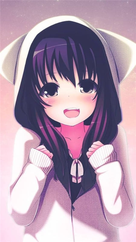 Hình ảnh anime nữ siêu cute với chiếc áo len trắng chùm kín đầu