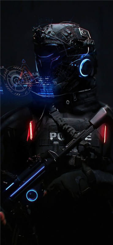 Hình nền điện thoại anime người máy với trang phục đen và cây súng trên tay cực chất
