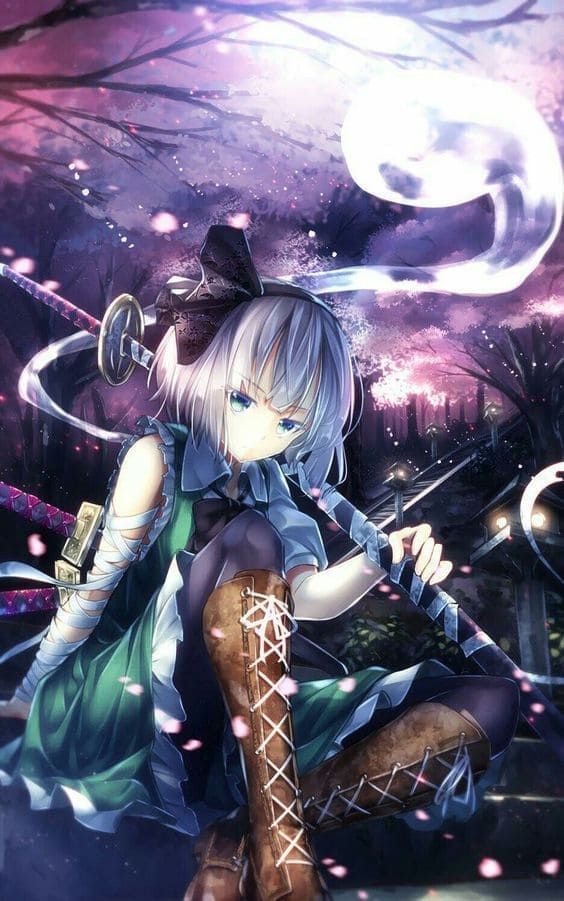 Hình nền điện thoại anime nữ ngồi chờ với thanh kiếm trên vài cực ngầu