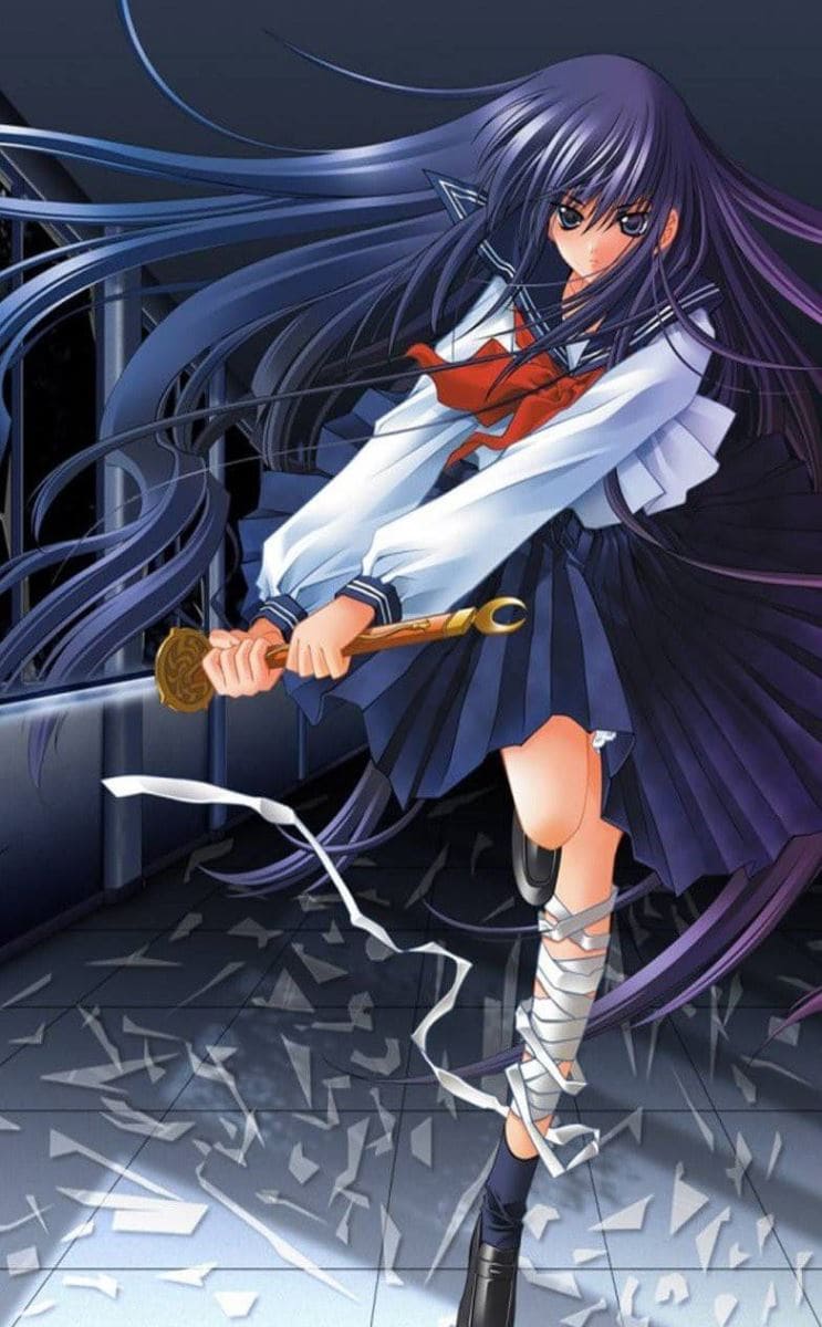 Hình nền điện thoại anime nữ đang chiếc đầu với thanh kiếm trên tay