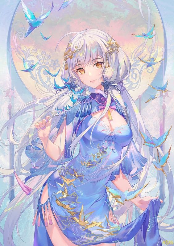 Hình nền điện thoại anime nữ trang trí hoa văn đẹp và những cánh chim