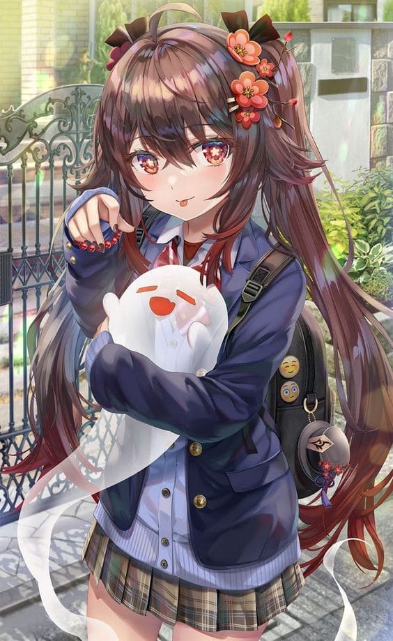 Hình nền điện thoại anime nữ trong trang phục học sinh và những bông hoa đẹp cài trên mái tóc